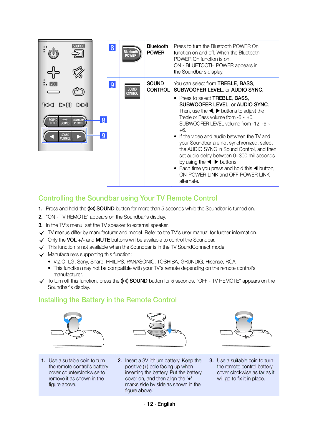 Samsung HW-K360/ZF Controlling the Soundbar using Your TV Remote Control, Installing the Battery in the Remote Control 