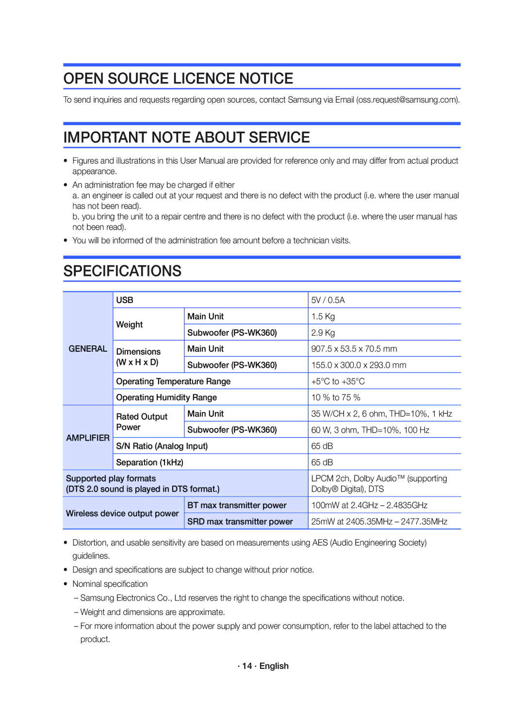 Samsung HW-K360/ZF manual Open Source Licence Notice, Important Note about Service, Specifications 