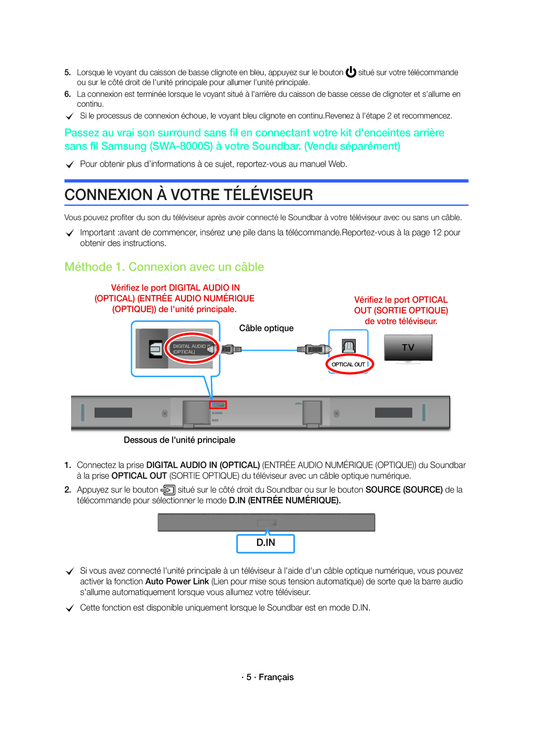 Samsung HW-K360/ZF manual Connexion À Votre Téléviseur, Méthode 1. Connexion avec un câble, Dessous de lunité principale 