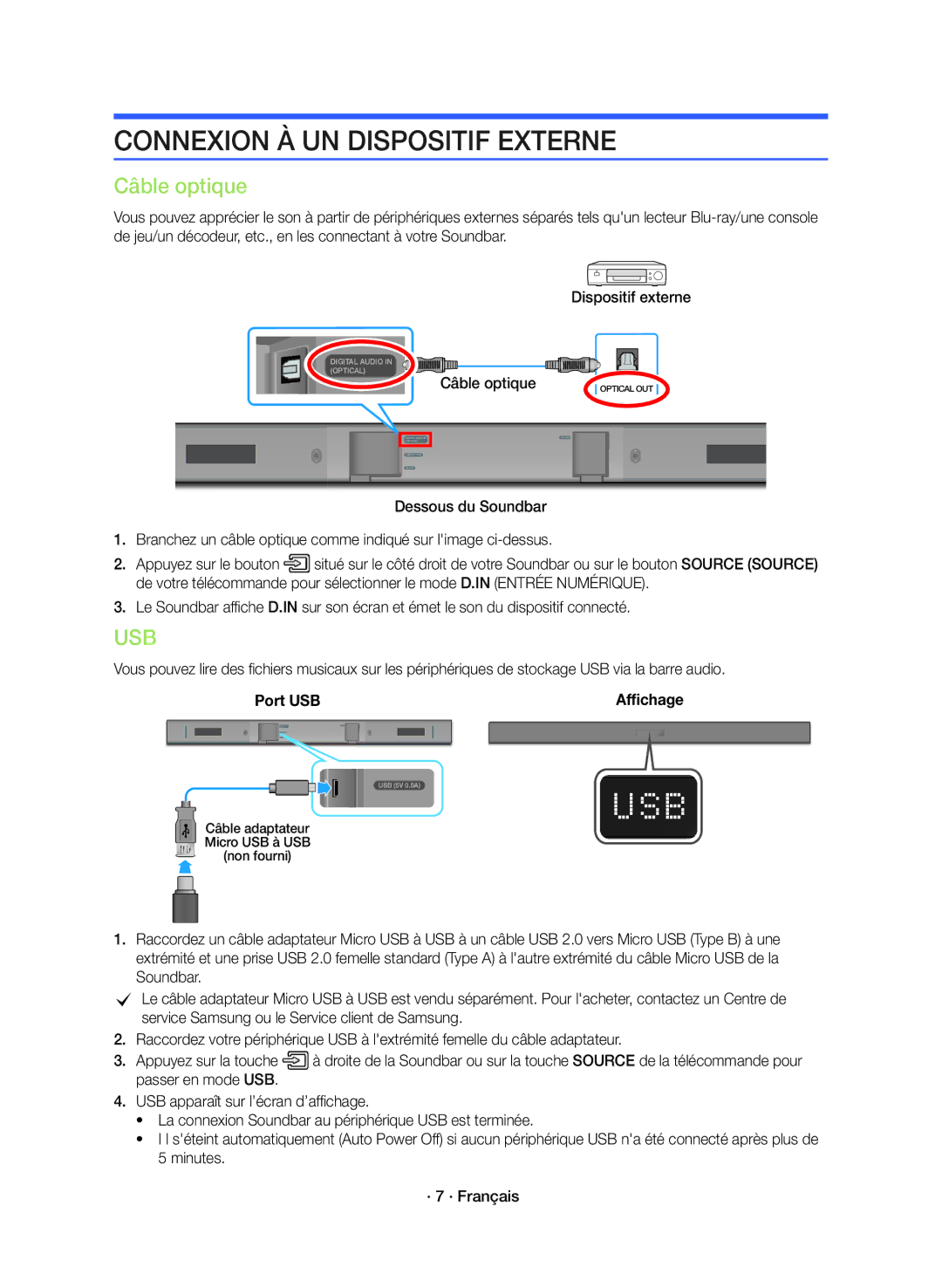 Samsung HW-K360/ZF manual Connexion À UN Dispositif Externe, Câble optique 