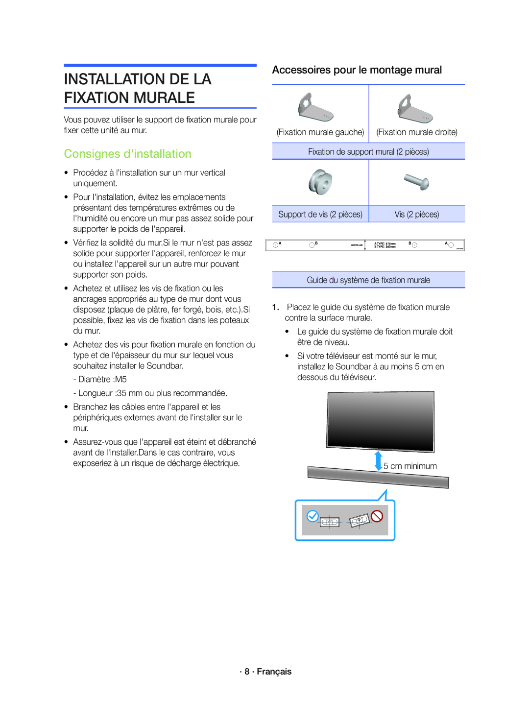 Samsung HW-K360/ZF manual Consignes dinstallation, Fixation murale gauche, Fixation de support mural 2 pièces, Vis 2 pièces 