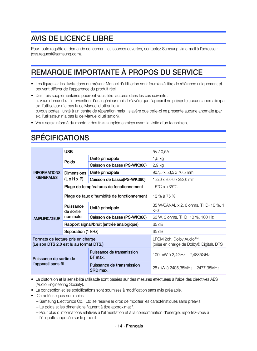 Samsung HW-K360/ZF manual 5V / 0,5A, Poids Unité principale, Puissance Unité principale, De sortie KHz 