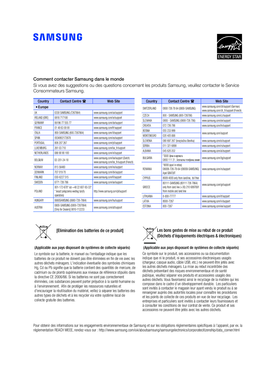 Samsung HW-K360/ZF manual Elimination des batteries de ce produit 