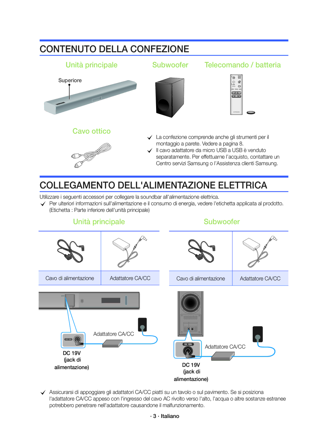 Samsung HW-K360/ZF manual Contenuto Della Confezione, Collegamento Dellalimentazione Elettrica, Cavo ottico 