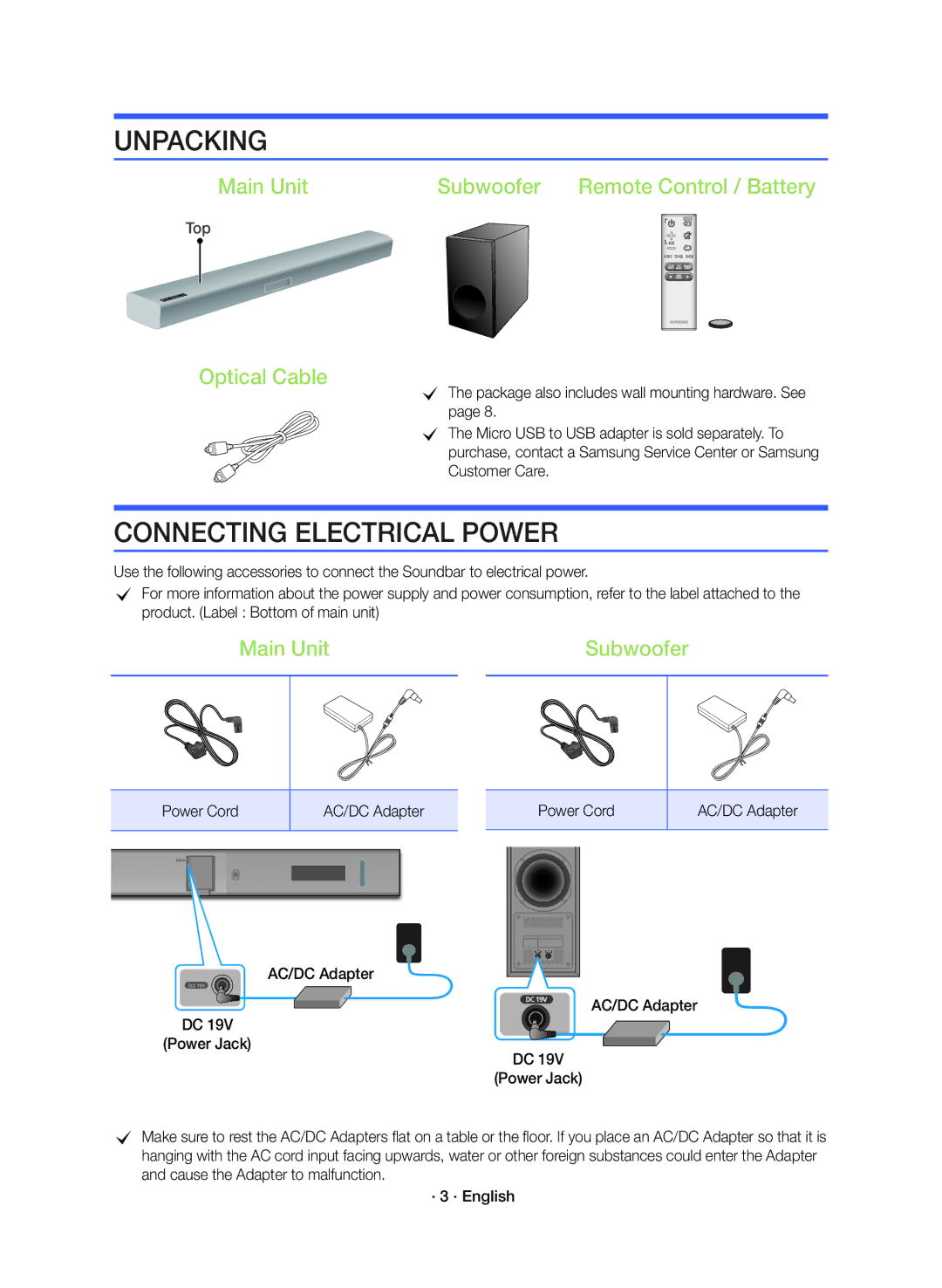 Samsung HW-K360/ZF Unpacking, Connecting Electrical Power, Main Unit Subwoofer Remote Control / Battery, Optical Cable 