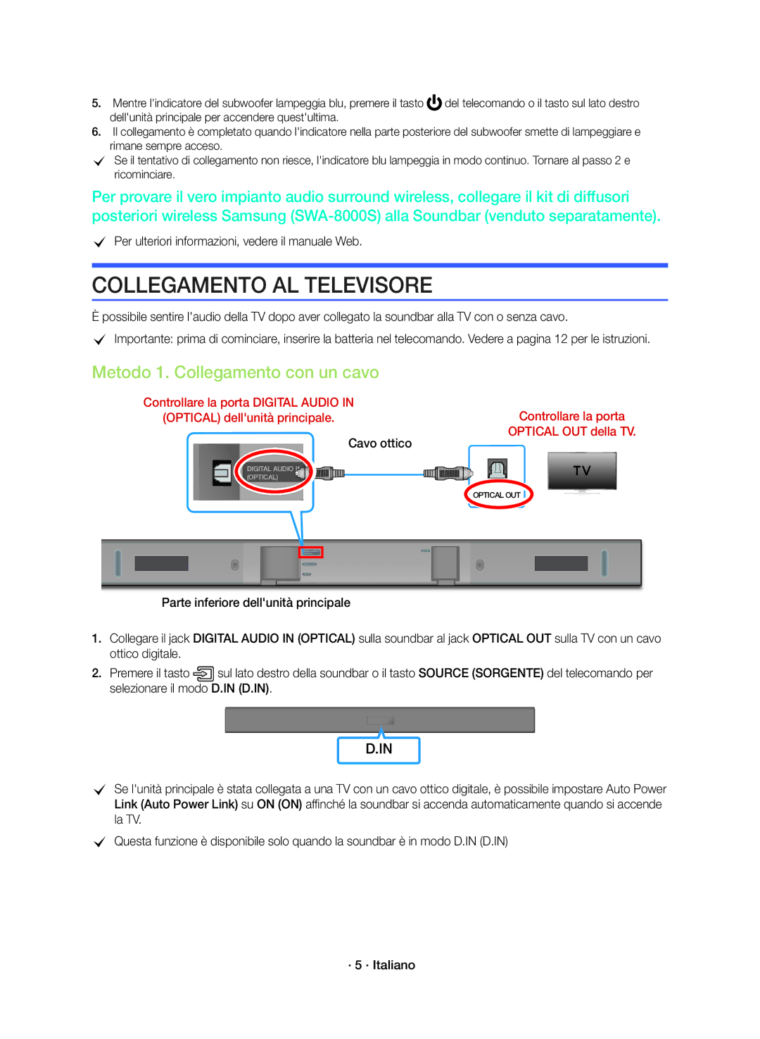 Samsung HW-K360/ZF manual Collegamento AL Televisore, Metodo 1. Collegamento con un cavo 