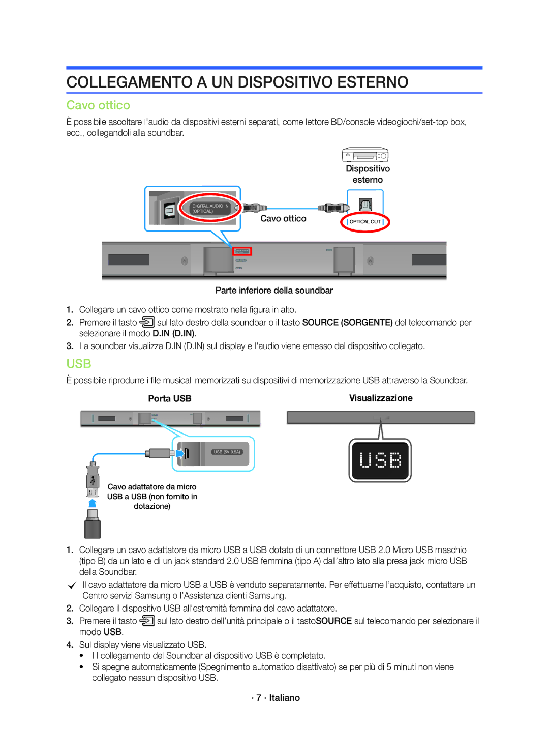 Samsung HW-K360/ZF manual Collegamento a UN Dispositivo Esterno, Cavo ottico 