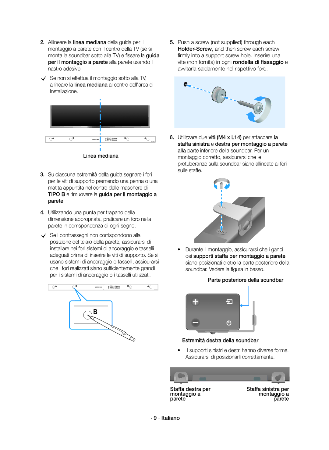 Samsung HW-K360/ZF manual Staffa destra per, Montaggio a Parete · 9 · Italiano 