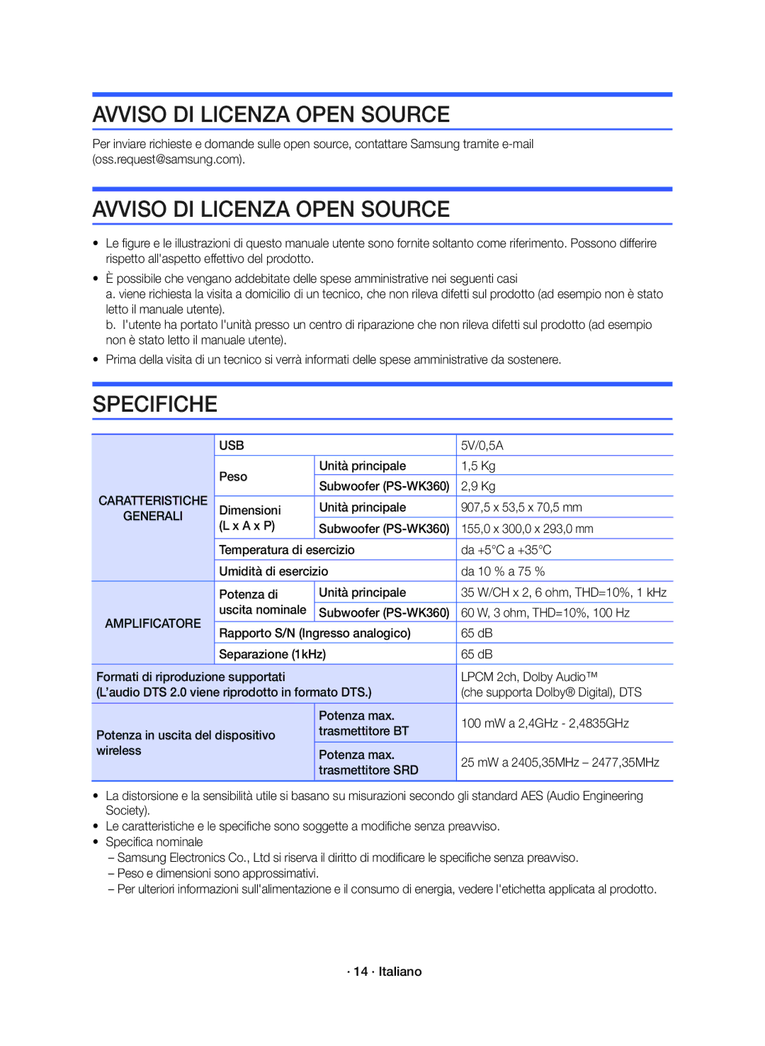 Samsung HW-K360/ZF manual Avviso DI Licenza Open Source, Specifiche, Generali, Amplificatore 