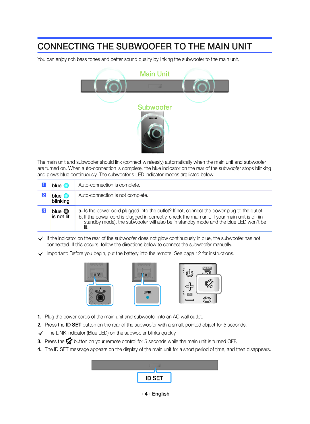 Samsung HW-K360/ZF manual Connecting the Subwoofer to the Main Unit, Is not lit, Lit, · 4 · English 