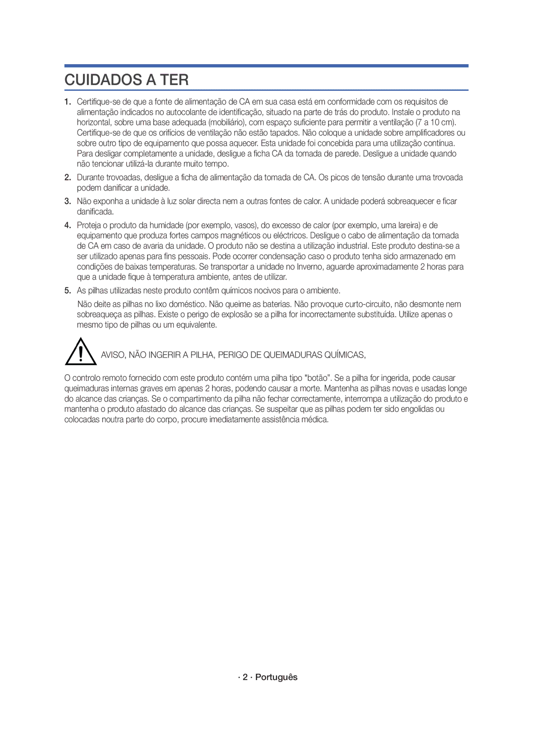 Samsung HW-K360/ZF manual Cuidados a TER, AVISO, NÃO Ingerir a PILHA, Perigo DE Queimaduras Químicas, · 2 · Português 