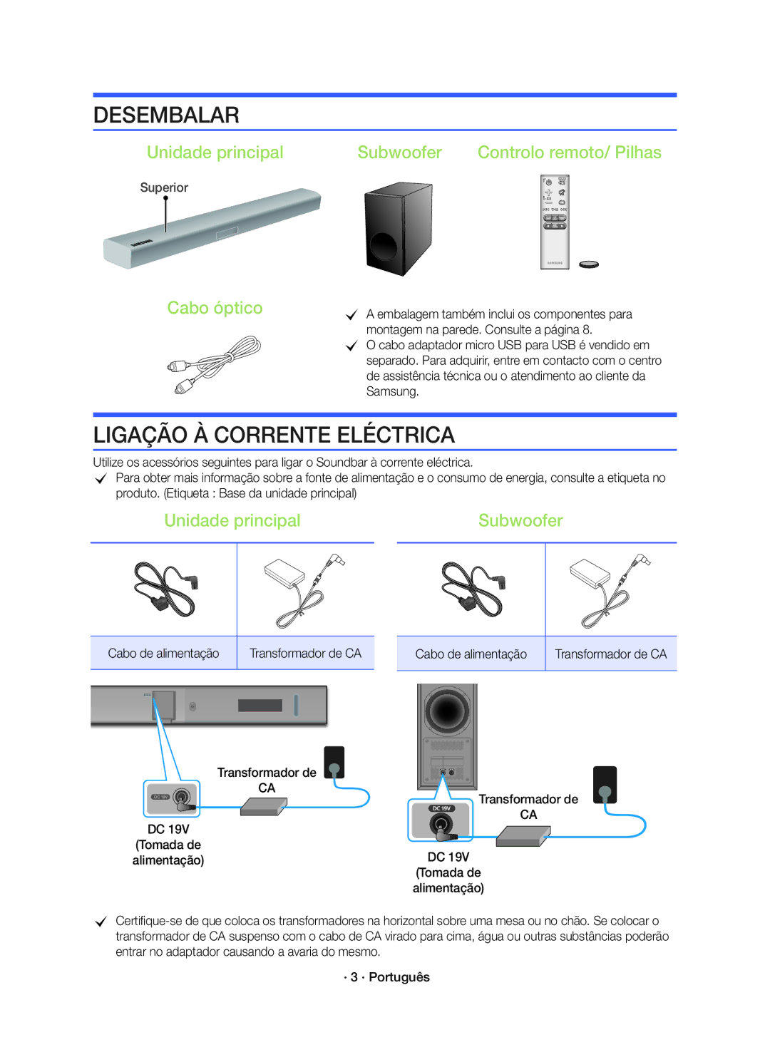 Samsung HW-K360/ZF manual Desembalar, Ligação À Corrente Eléctrica, Unidade principal Subwoofer Controlo remoto/ Pilhas 