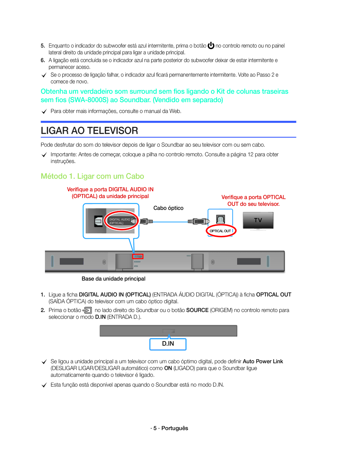 Samsung HW-K360/ZF manual Ligar AO Televisor, Método 1. Ligar com um Cabo 