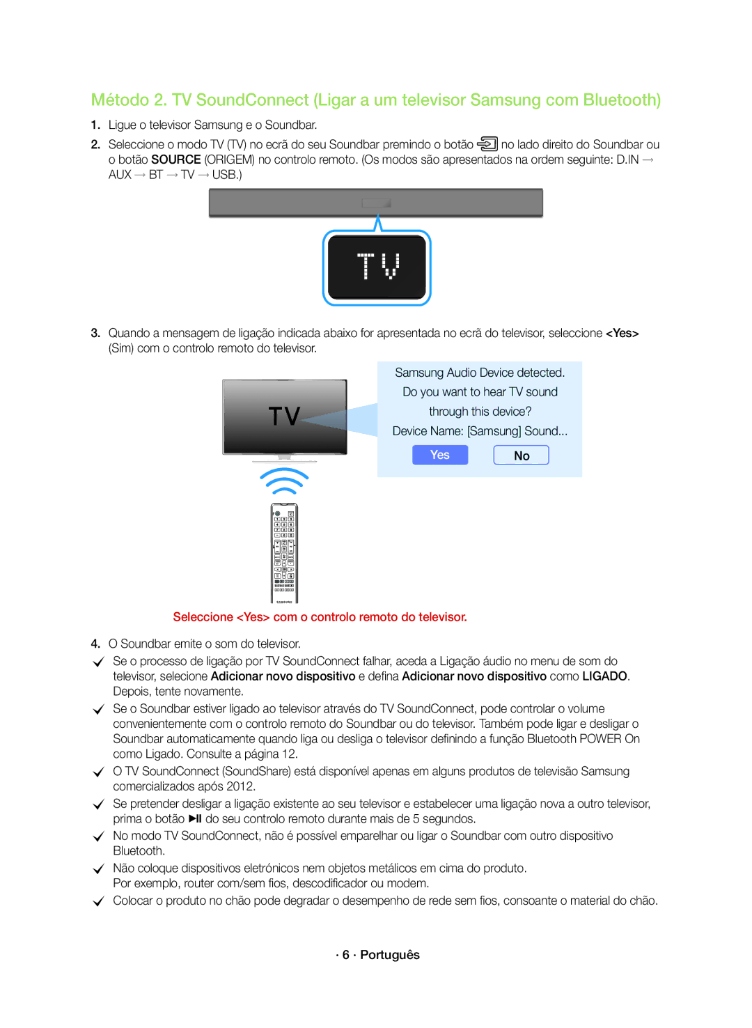 Samsung HW-K360/ZF manual Seleccione Yes com o controlo remoto do televisor 