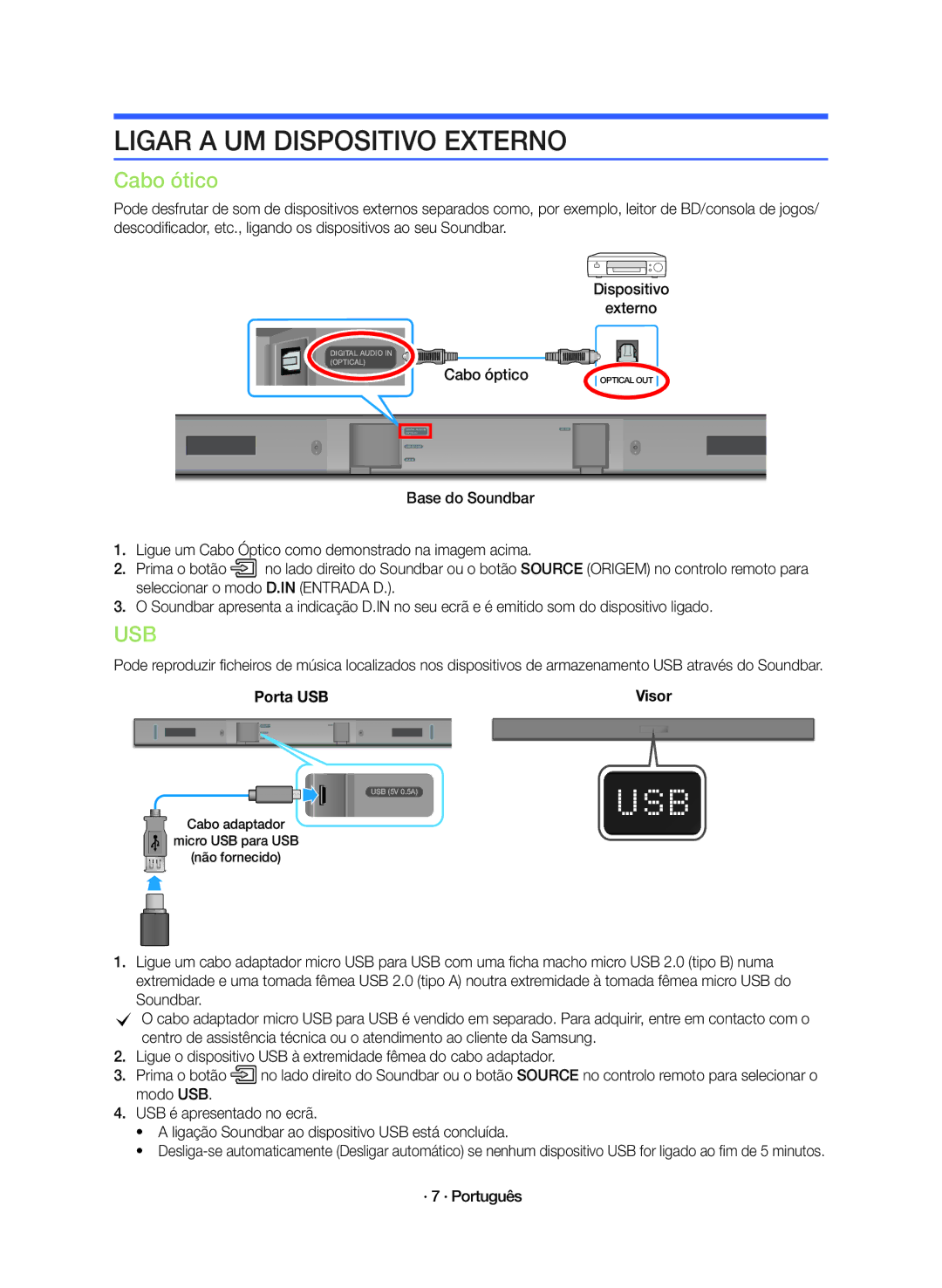 Samsung HW-K360/ZF manual Ligar a UM Dispositivo Externo, Cabo ótico, Cabo óptico, · 7 · Português 