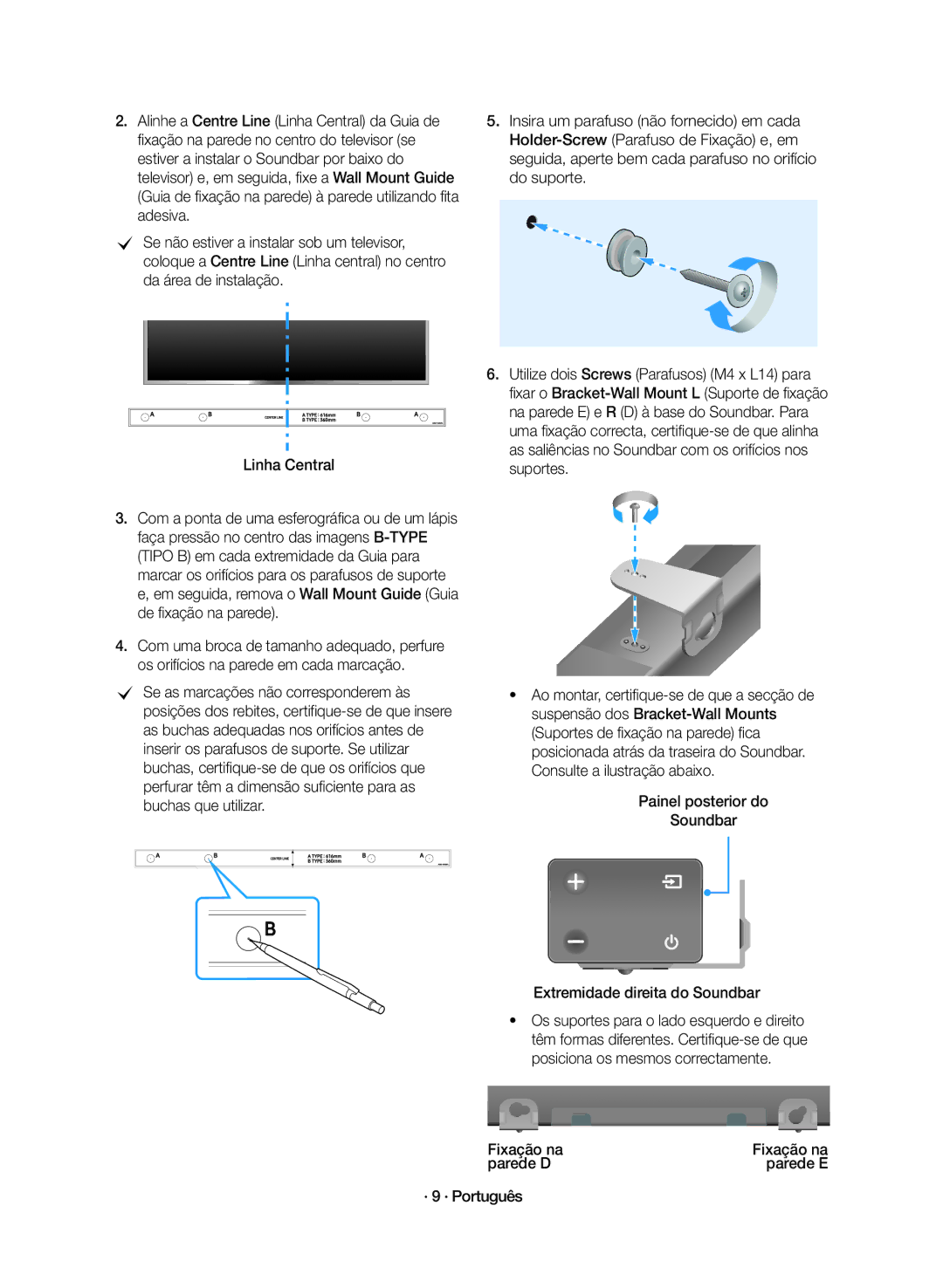 Samsung HW-K360/ZF manual Fixação na, Parede D Parede E · 9 · Português 