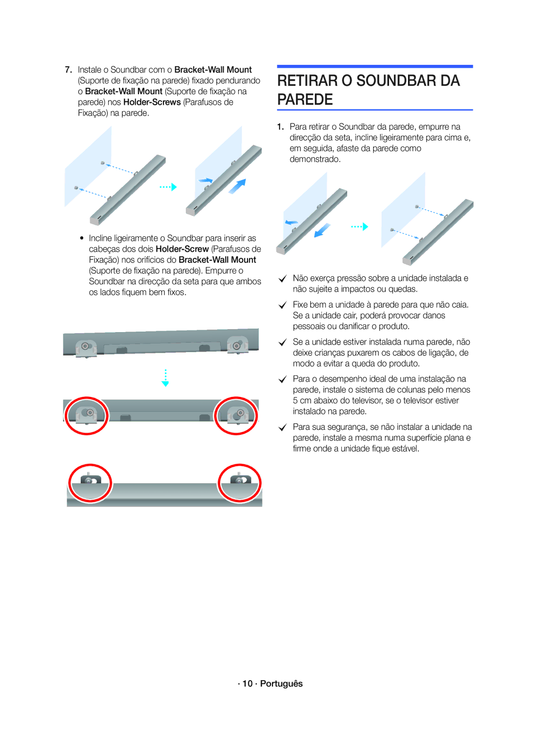 Samsung HW-K360/ZF manual Retirar O Soundbar DA Parede, · 10 · Português 