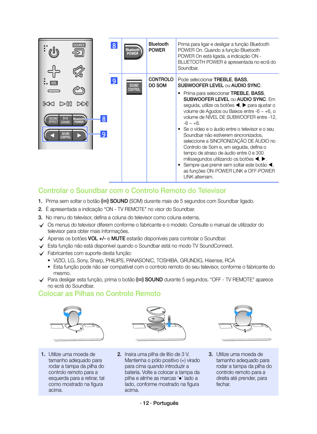 Samsung HW-K360/ZF manual Controlar o Soundbar com o Controlo Remoto do Televisor, Colocar as Pilhas no Controlo Remoto 