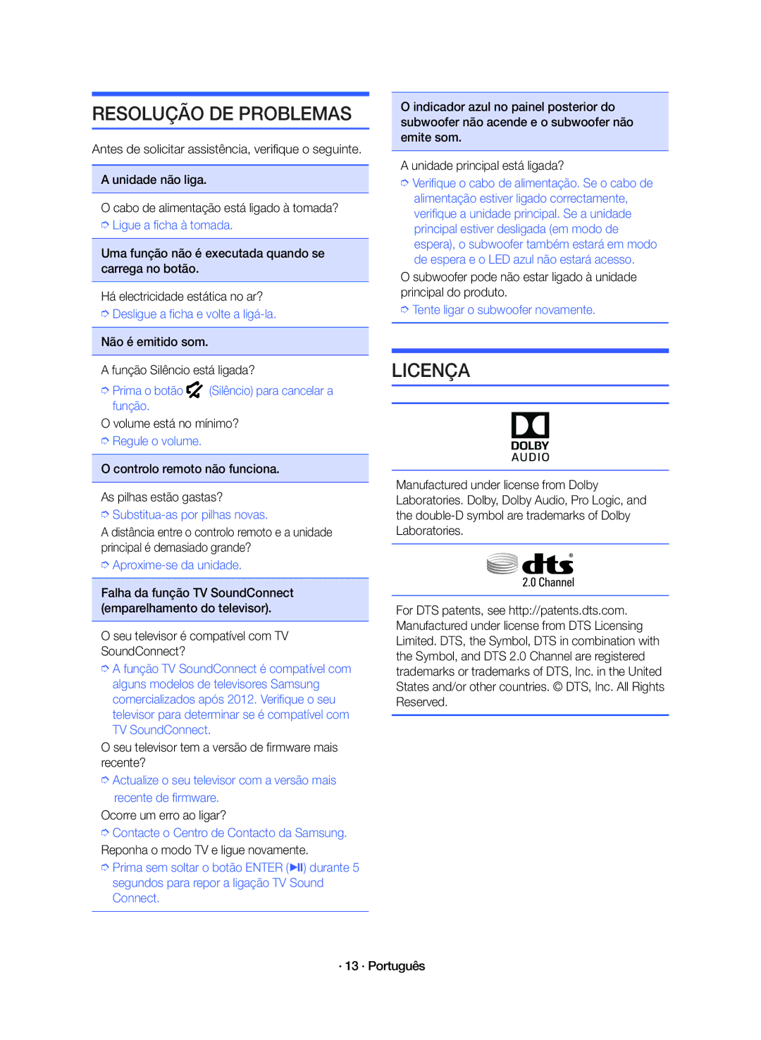 Samsung HW-K360/ZF manual Não é emitido som Função Silêncio está ligada?, Volume está no mínimo?, · 13 · Português 