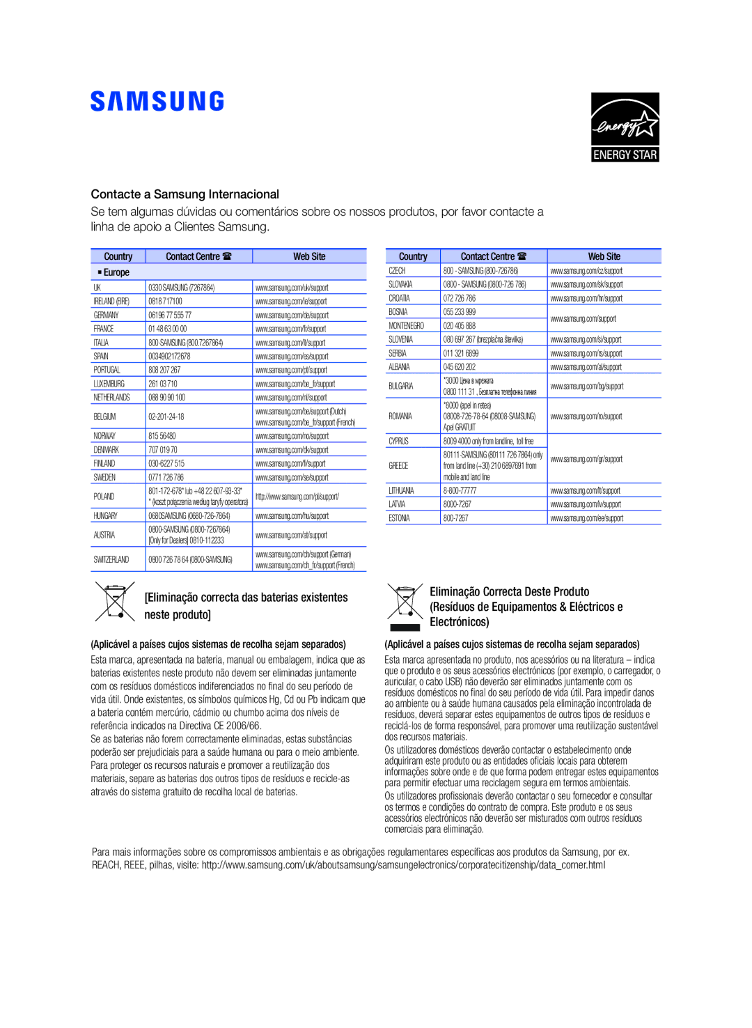 Samsung HW-K360/ZF manual Eliminação correcta das baterias existentes neste produto 