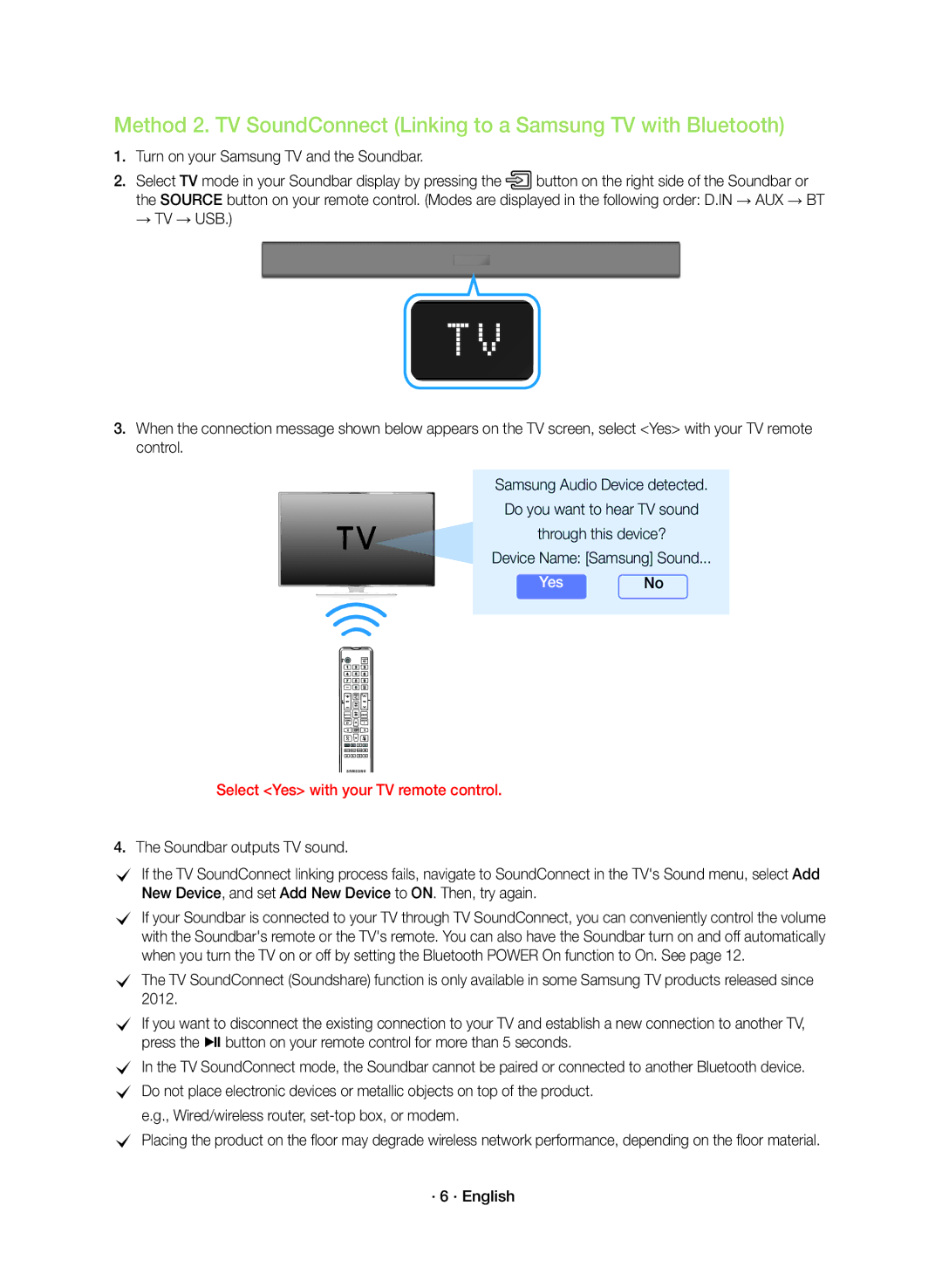 Samsung HW-K360/ZF manual Turn on your Samsung TV and the Soundbar, Device Name Samsung Sound, · 6 · English 