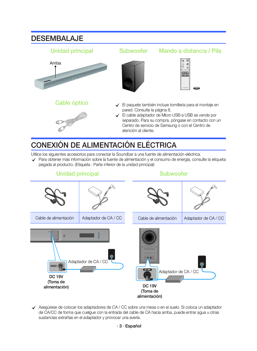 Samsung HW-K360/ZF manual Desembalaje, Conexión DE Alimentación Eléctrica, Unidad principal Subwoofer 