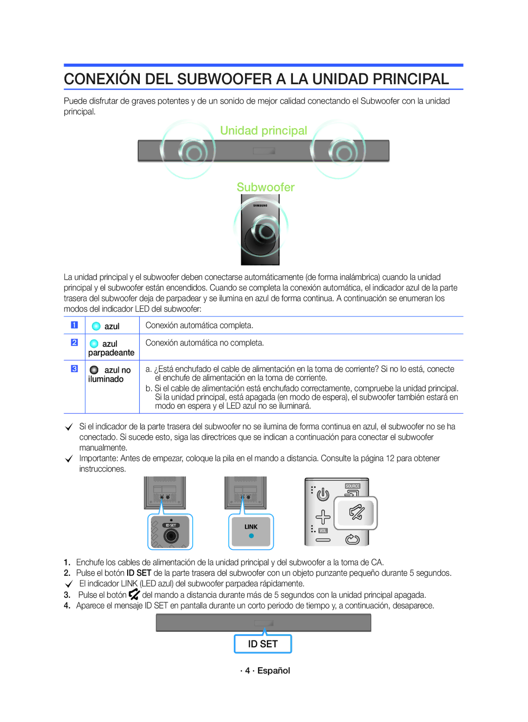 Samsung HW-K360/ZF manual Conexión DEL Subwoofer a LA Unidad Principal, Modo en espera y el LED azul no se iluminará 