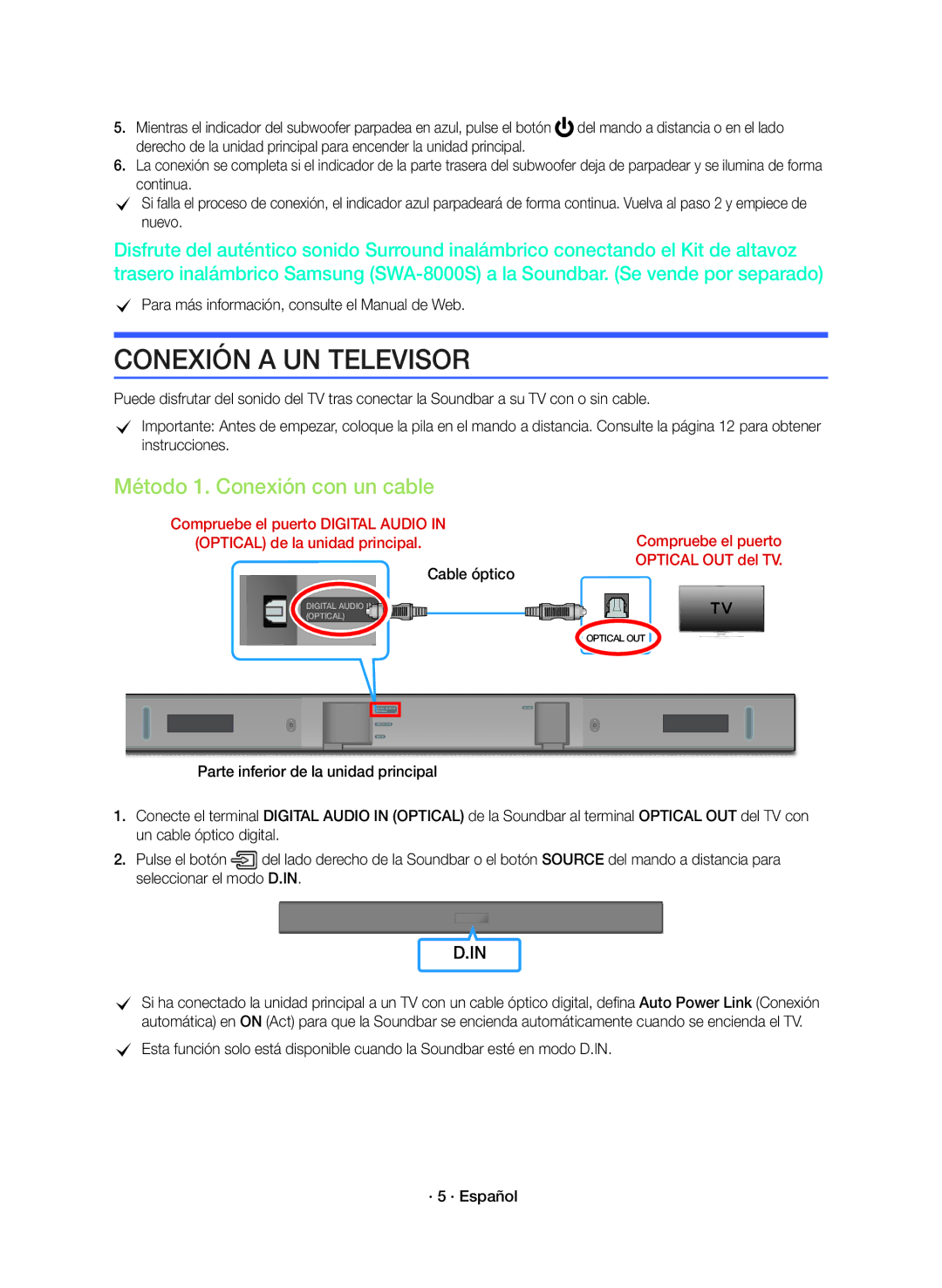 Samsung HW-K360/ZF manual Conexión a UN Televisor, Método 1. Conexión con un cable, Cable óptico 