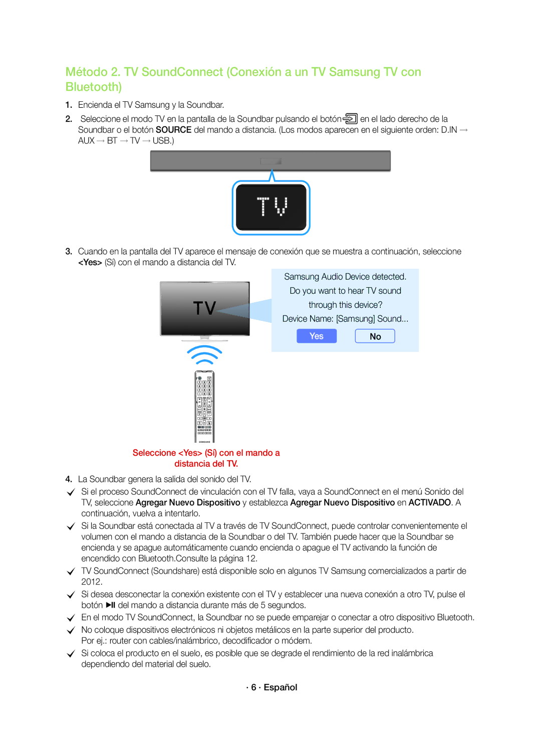 Samsung HW-K360/ZF manual Seleccione Yes Sí con el mando a Distancia del TV 