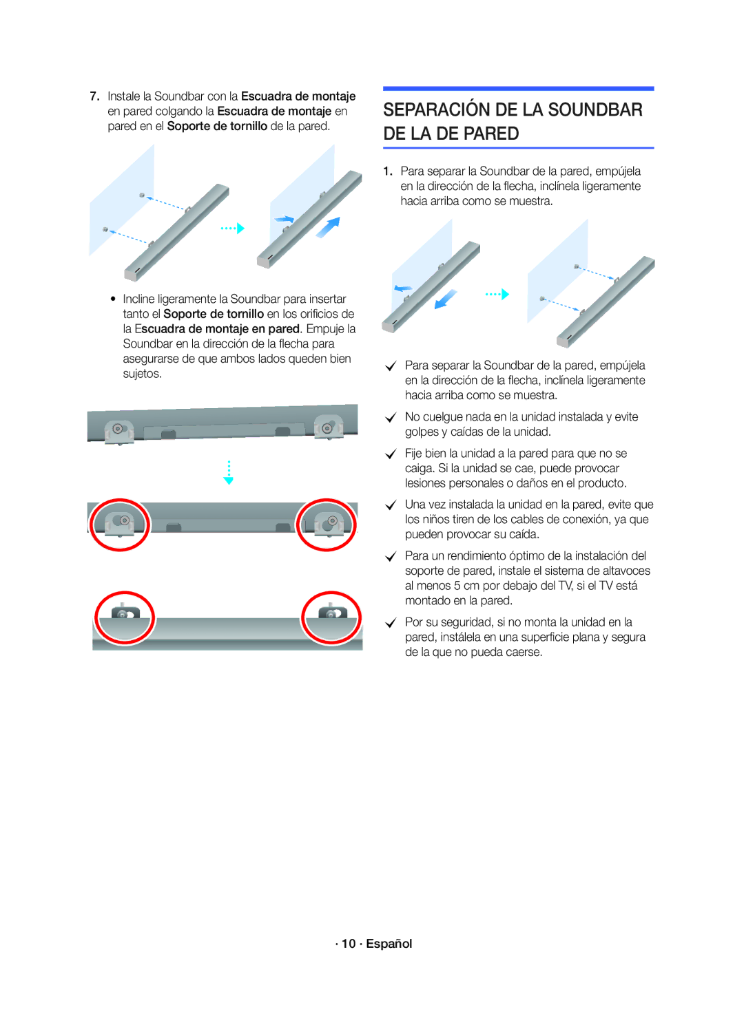 Samsung HW-K360/ZF manual Separación DE LA Soundbar DE LA DE Pared 