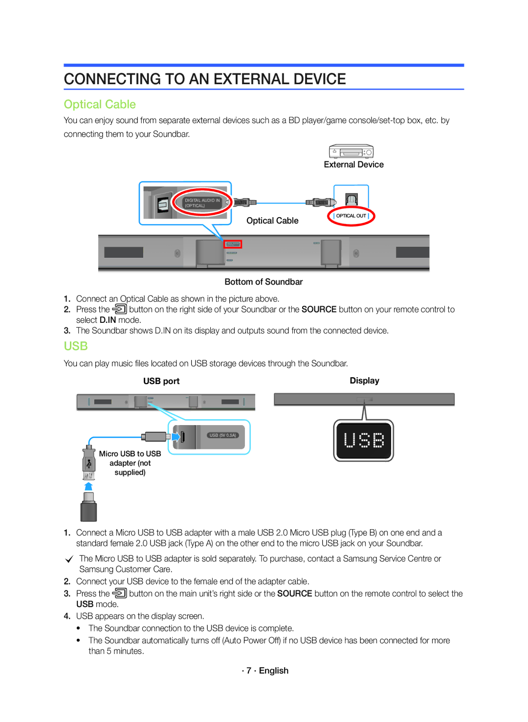 Samsung HW-K360/ZF manual Connecting to AN External Device, Optical Cable 