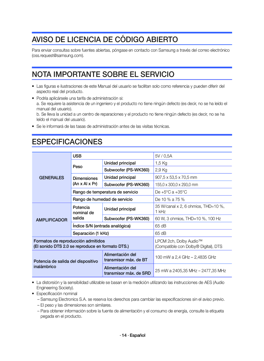 Samsung HW-K360/ZF Aviso DE Licencia DE Código Abierto, Nota Importante Sobre EL Servicio, Especificaciones, Generales 