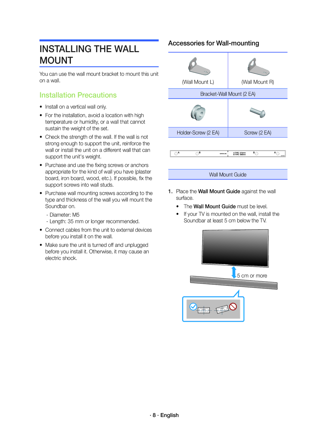 Samsung HW-K360/ZF manual Installing the Wall Mount, Installation Precautions 