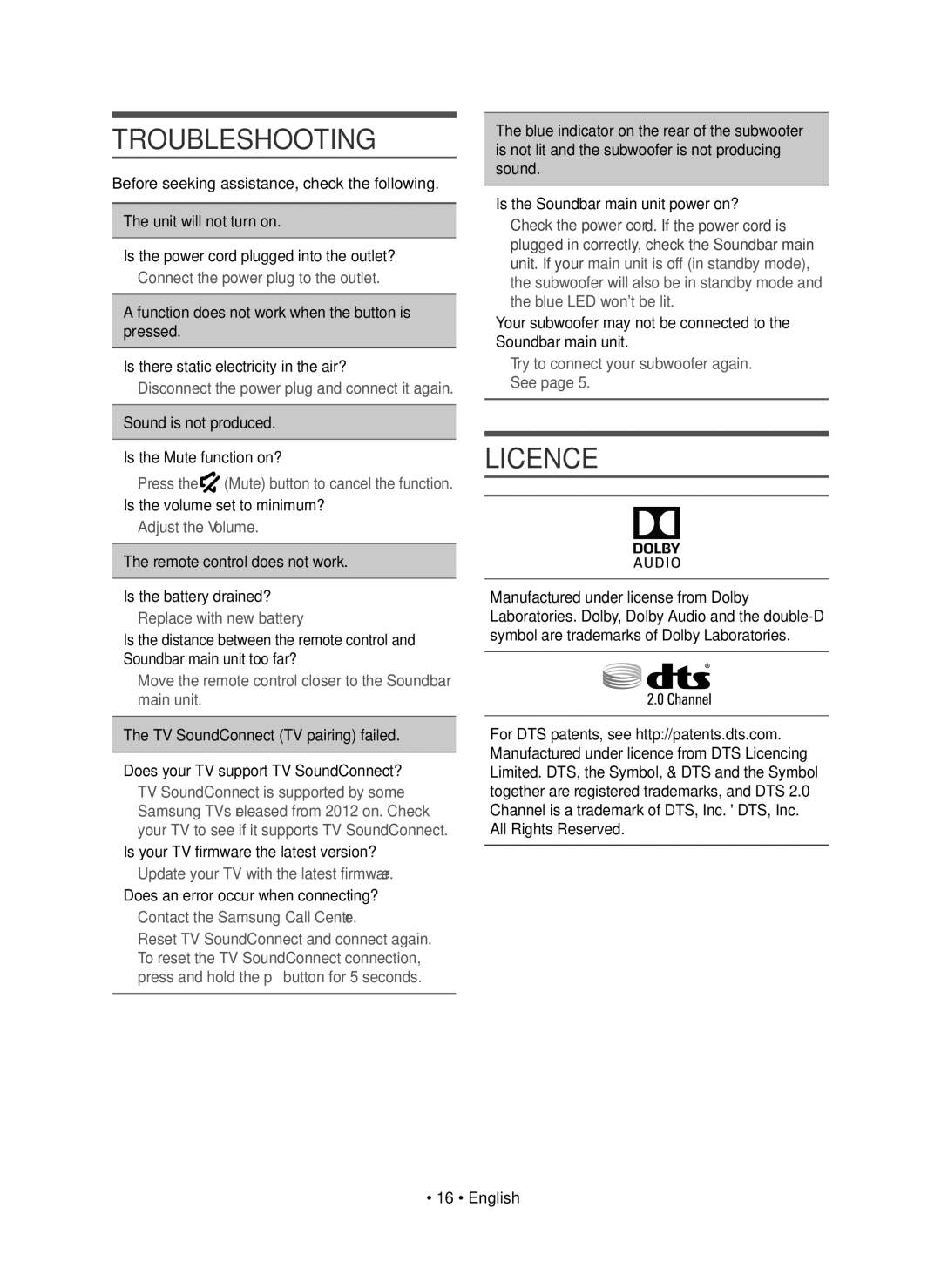 Samsung HW-K430/EN, HW-K430/XN manual Troubleshooting, Licence 