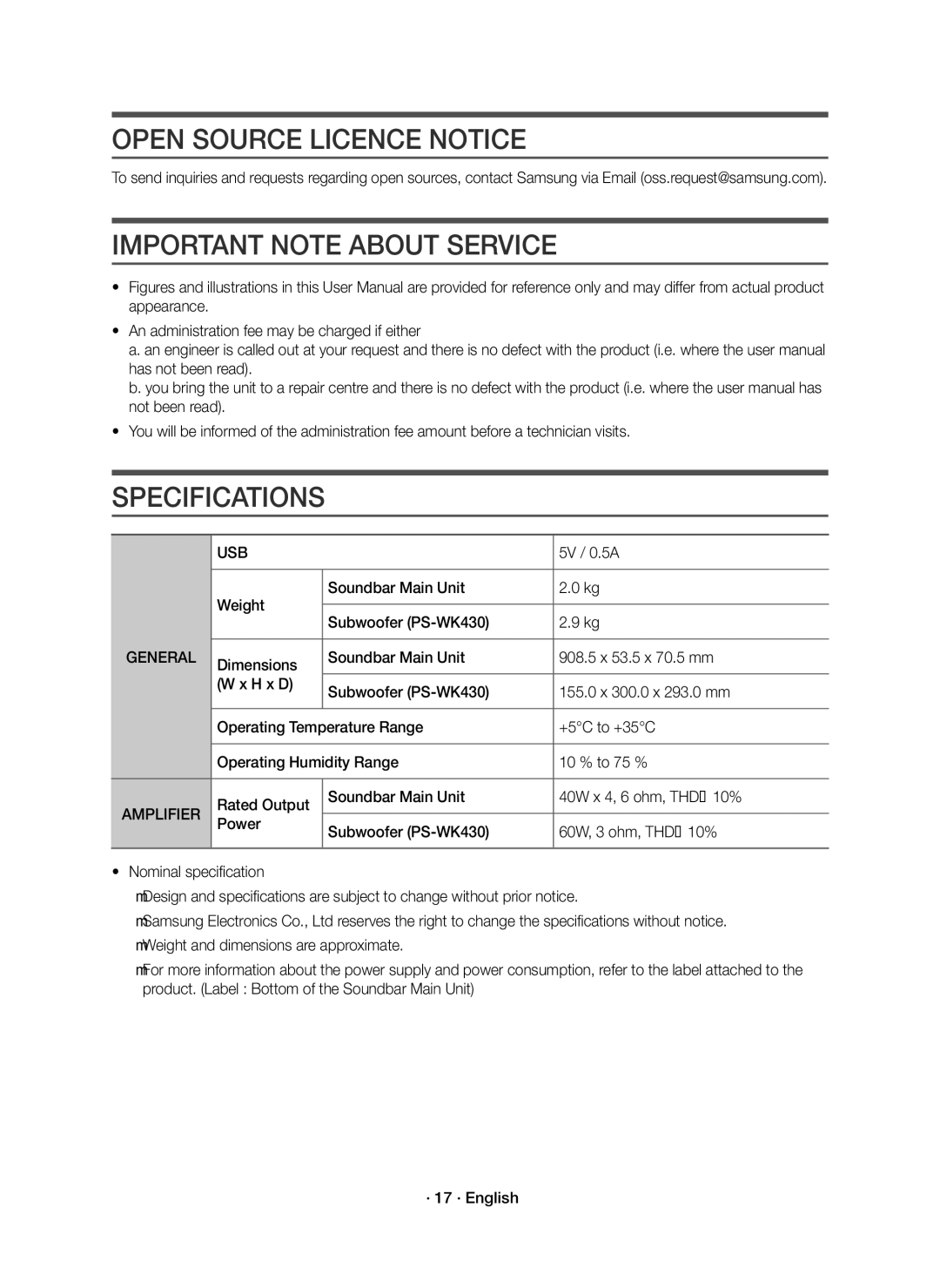 Samsung HW-K430/XN, HW-K430/EN Open Source Licence Notice, Important Note about Service, Specifications, Usb, Amplifier 