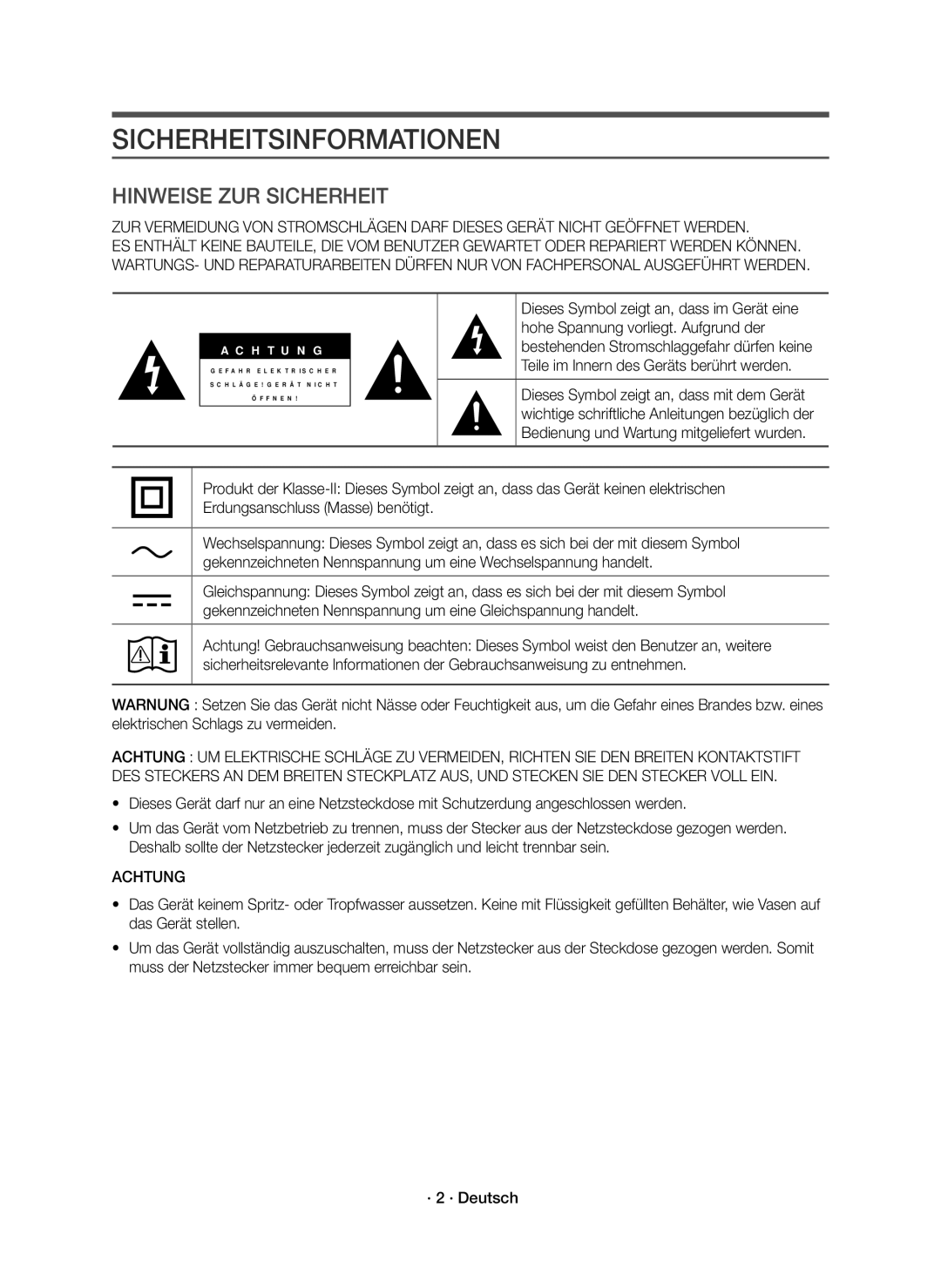 Samsung HW-K430/XN, HW-K430/EN manual Sicherheitsinformationen, Achtung 