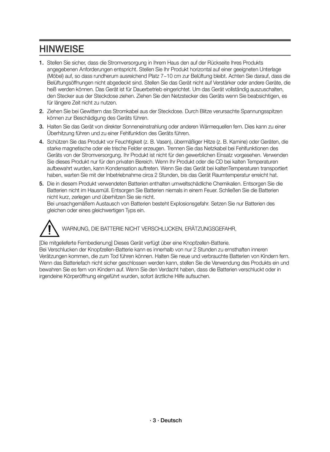 Samsung HW-K430/EN, HW-K430/XN manual Hinweise, WARNUNG, DIE Batterie Nicht VERSCHLUCKEN, Erätzungsgefahr, · 3 · Deutsch 