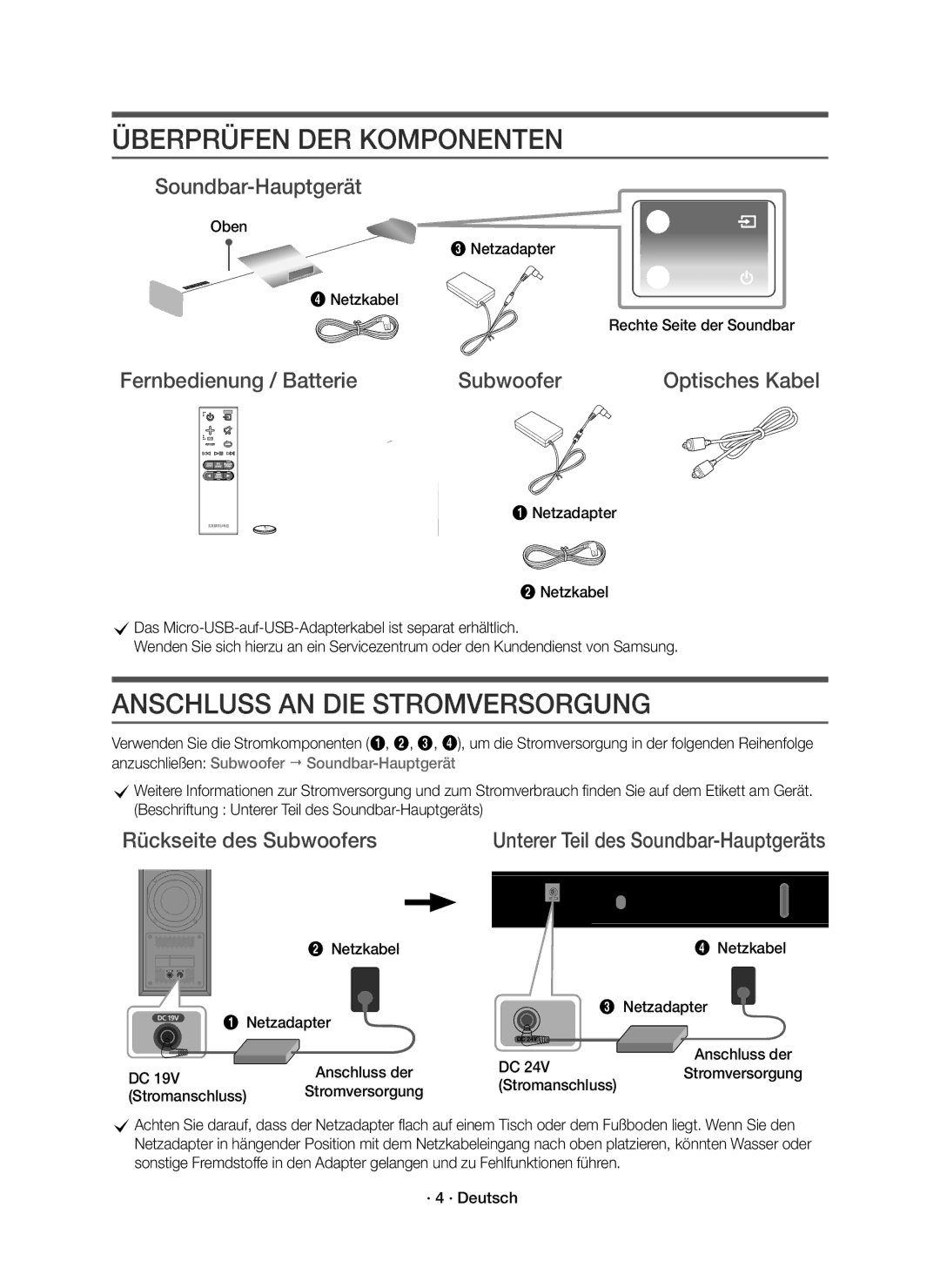 Samsung HW-K430/XN, HW-K430/EN manual Überprüfen DER Komponenten, Anschluss AN DIE Stromversorgung, Soundbar-Hauptgerät 