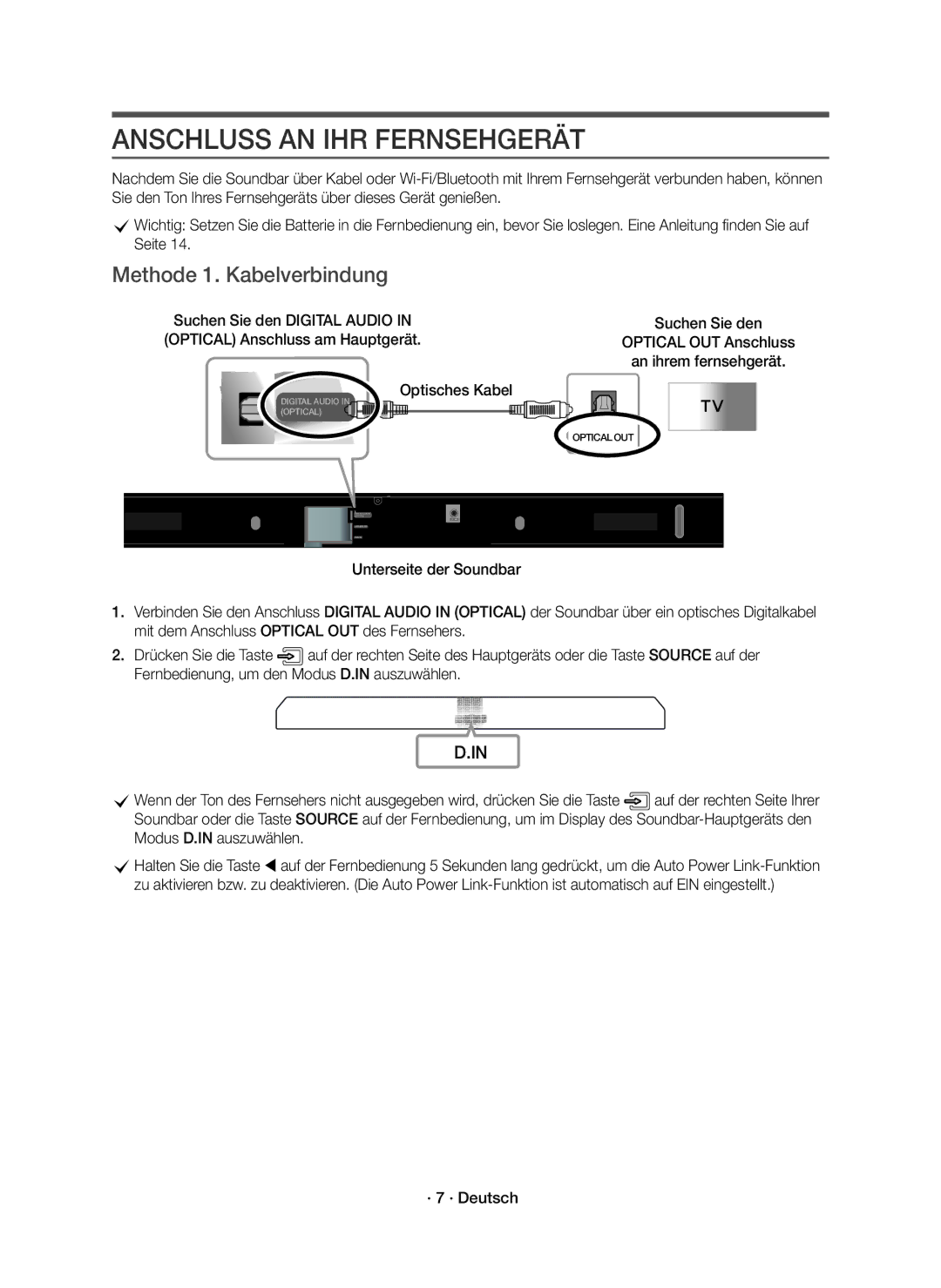 Samsung HW-K430/EN, HW-K430/XN manual Anschluss AN IHR Fernsehgerät, Methode 1. Kabelverbindung, · 7 · Deutsch 