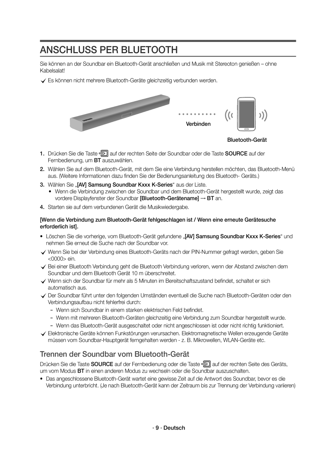 Samsung HW-K430/EN, HW-K430/XN manual Anschluss PER Bluetooth, Trennen der Soundbar vom Bluetooth-Gerät, · 9 · Deutsch 