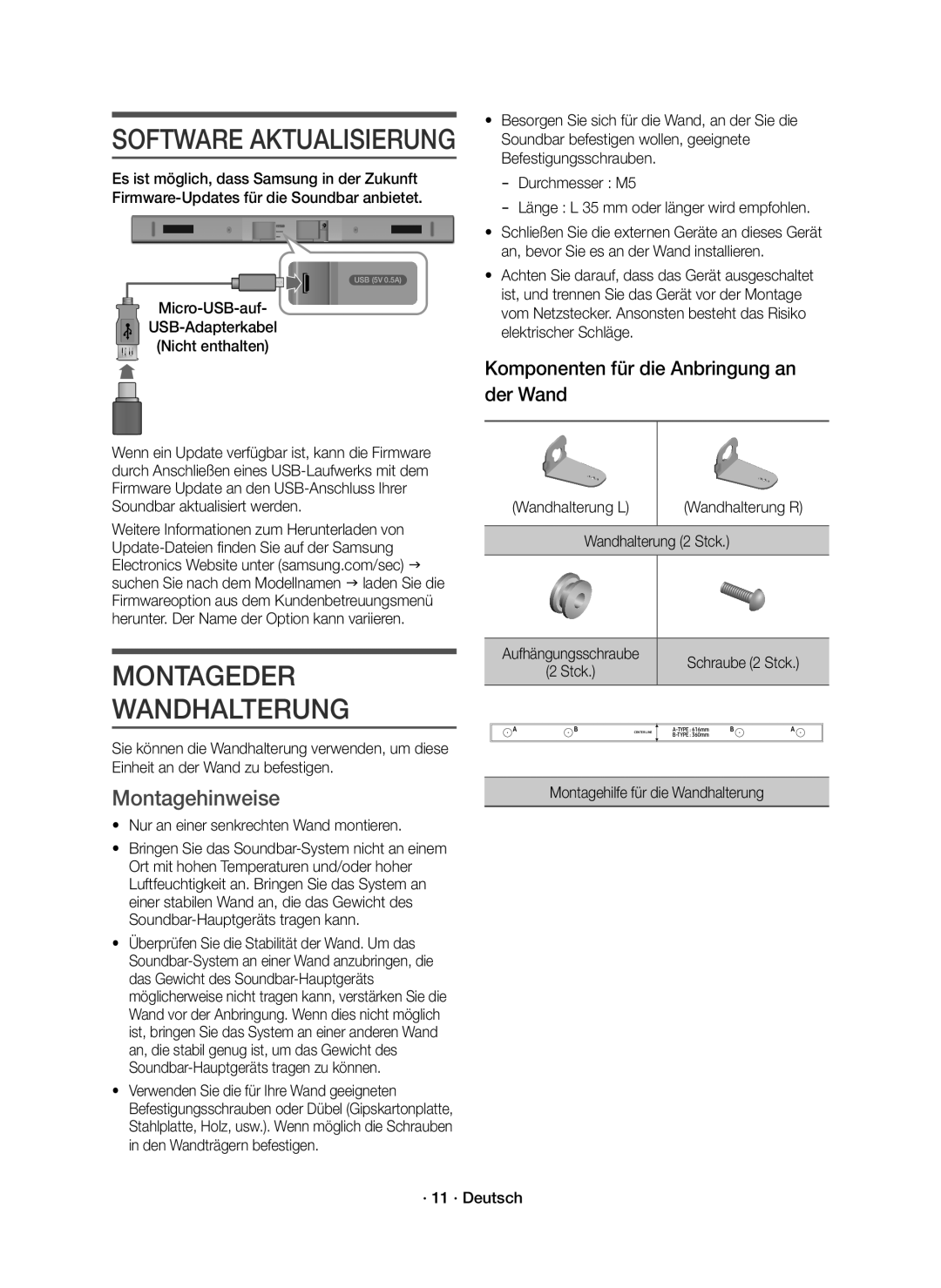 Samsung HW-K430/EN, HW-K430/XN manual Montageder Wandhalterung, Montagehinweise 