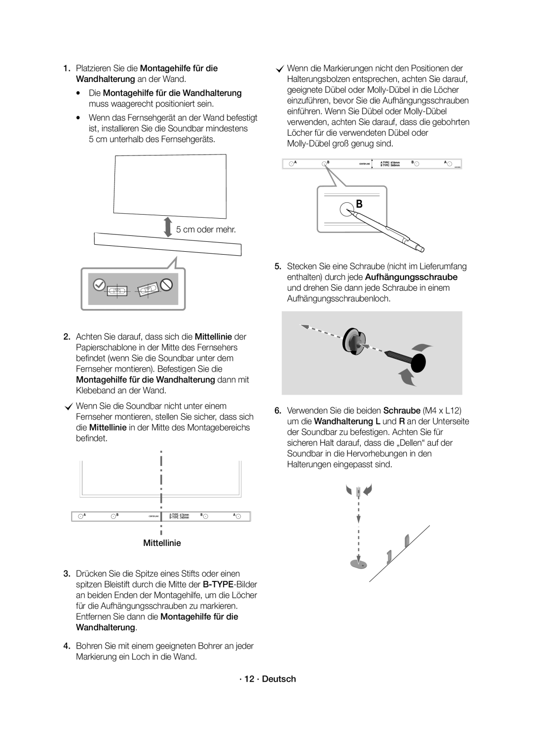 Samsung HW-K430/XN, HW-K430/EN manual Cm oder mehr, Mittellinie, · 12 · Deutsch 