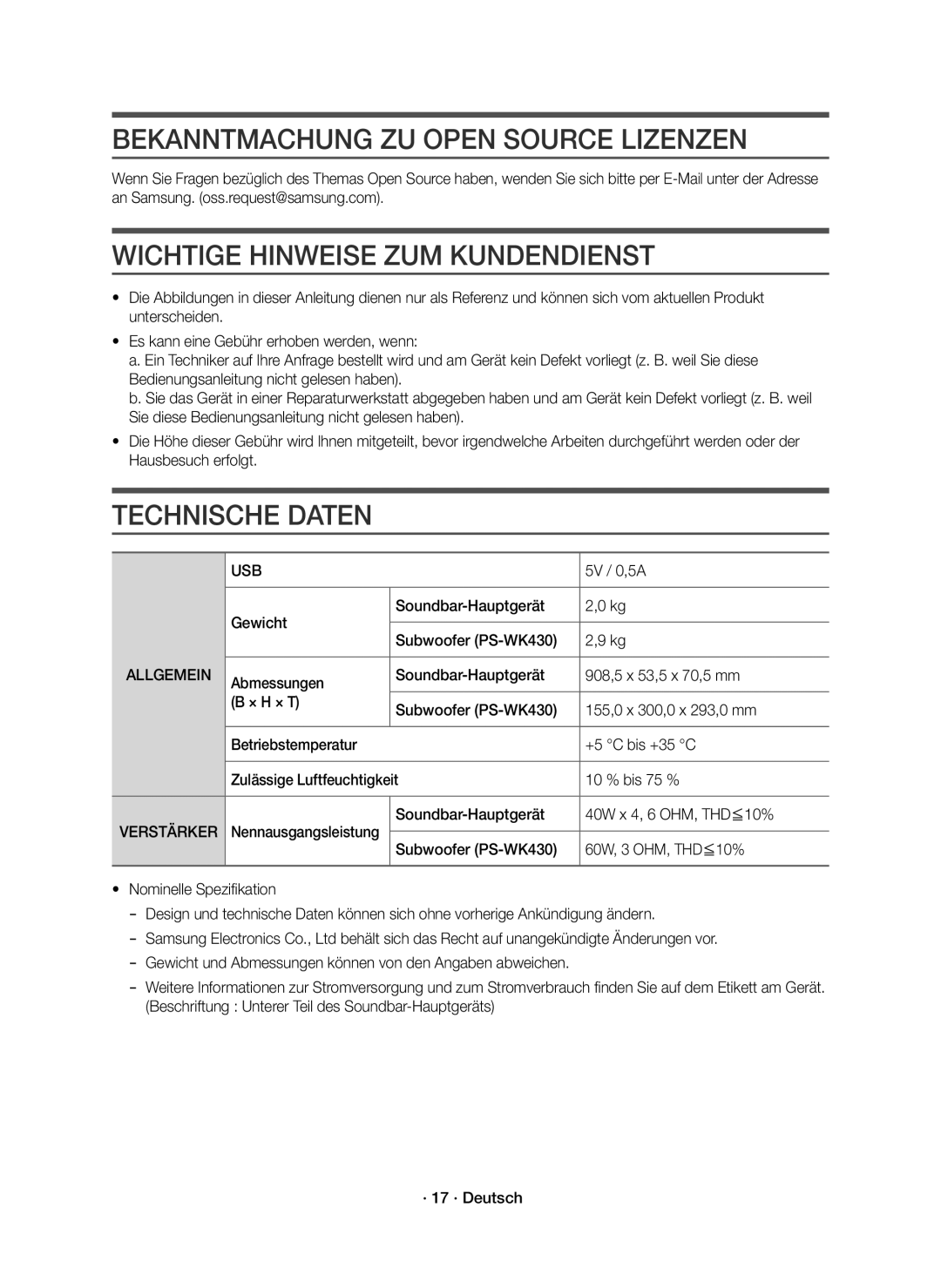 Samsung HW-K430/EN Bekanntmachung ZU Open Source Lizenzen, Wichtige Hinweise ZUM Kundendienst, Technische Daten, Allgemein 