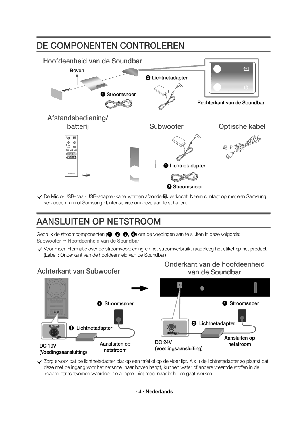 Samsung HW-K430/EN, HW-K430/XN manual DE Componenten Controleren, Aansluiten OP Netstroom, Hoofdeenheid van de Soundbar 