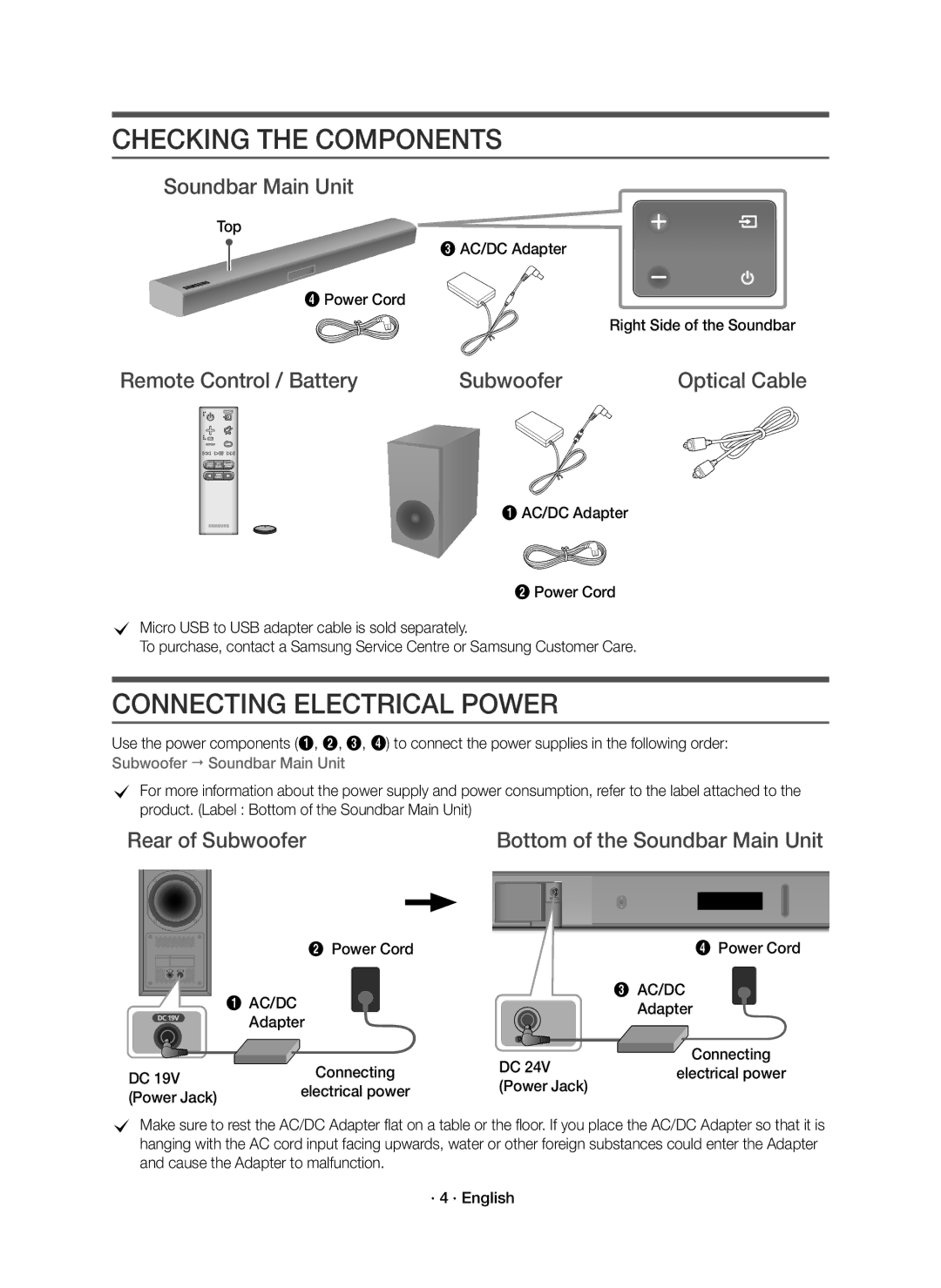 Samsung HW-K430/EN, HW-K430/XN manual Checking the Components, Connecting Electrical Power, Soundbar Main Unit 