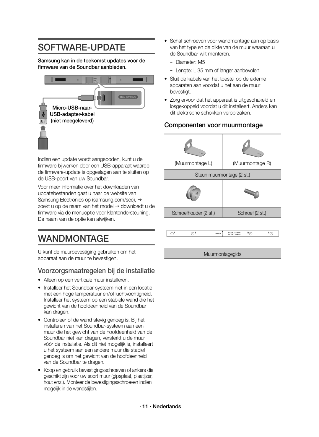 Samsung HW-K430/XN, HW-K430/EN manual Software-Update, Wandmontage, Voorzorgsmaatregelen bij de installatie 