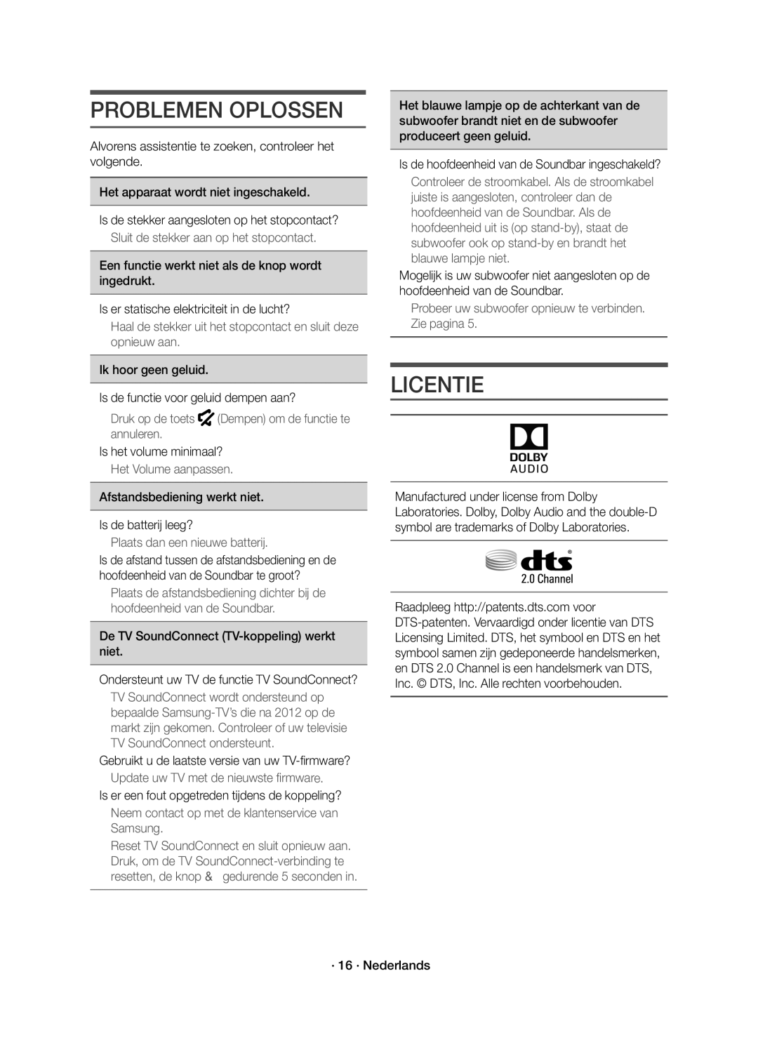 Samsung HW-K430/EN, HW-K430/XN manual Problemen Oplossen, Licentie 