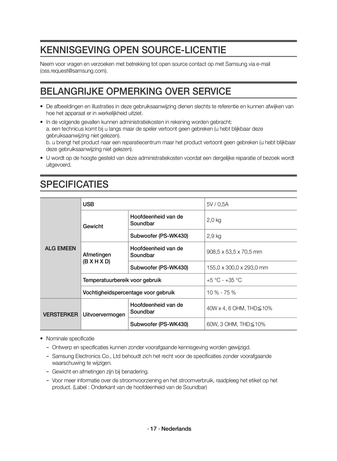 Samsung HW-K430/XN manual Kennisgeving Open SOURCE-LICENTIE, Belangrijke Opmerking Over Service, Specificaties, ALG Emeen 