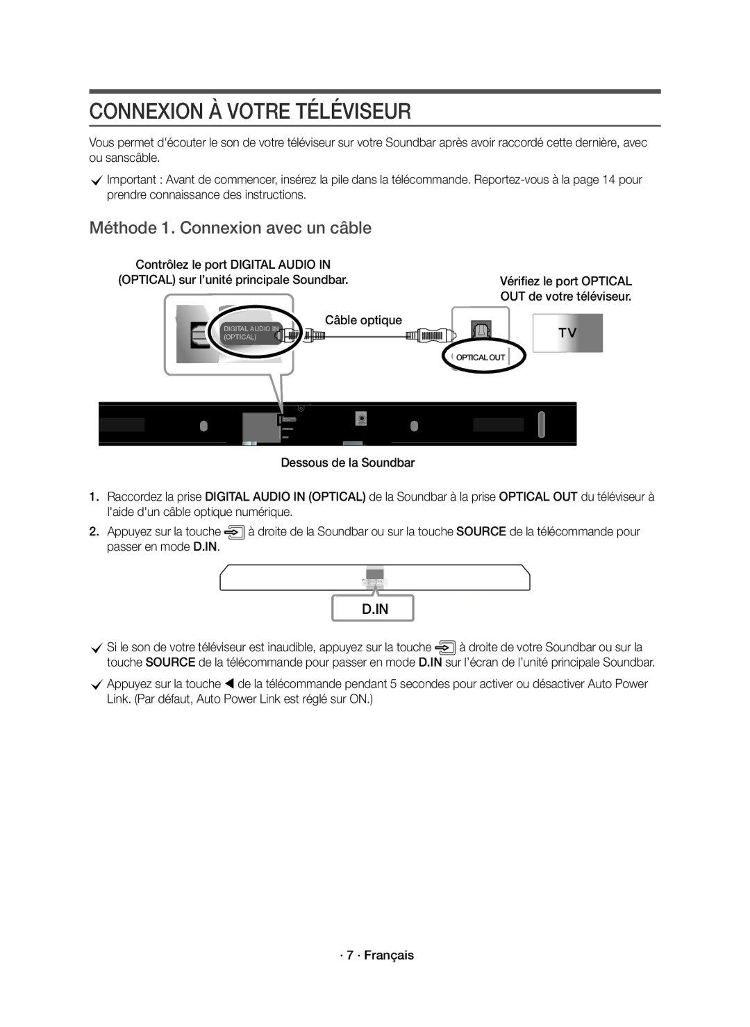 Samsung HW-K430/EN, HW-K430/XN manual Connexion À Votre Téléviseur, Méthode 1. Connexion avec un câble 