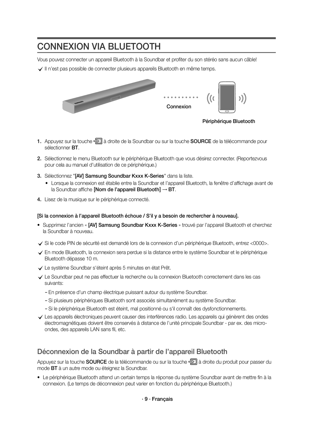 Samsung HW-K430/EN Connexion VIA Bluetooth, Déconnexion de la Soundbar à partir de l’appareil Bluetooth, · 9 · Français 